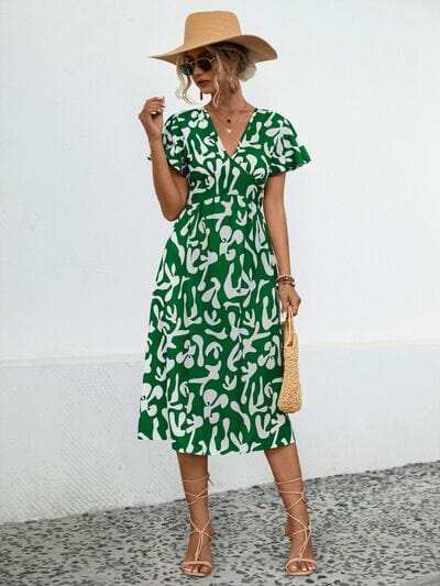 Printed V-Neck Short Sleeve Dress - Trendsi - Flyclothing LLC