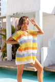 Openwork Striped V-Neck Short Sleeve Cover Up - Trendsi - Flyclothing LLC