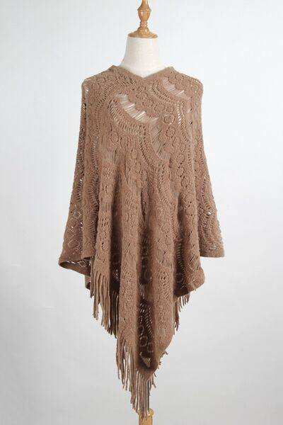 Fringe Openwork Surplice Cape Sleeve Poncho - Trendsi - Flyclothing LLC
