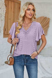 Eyelet Applique V-Neck Cap Sleeve T-Shirt - Trendsi - Flyclothing LLC
