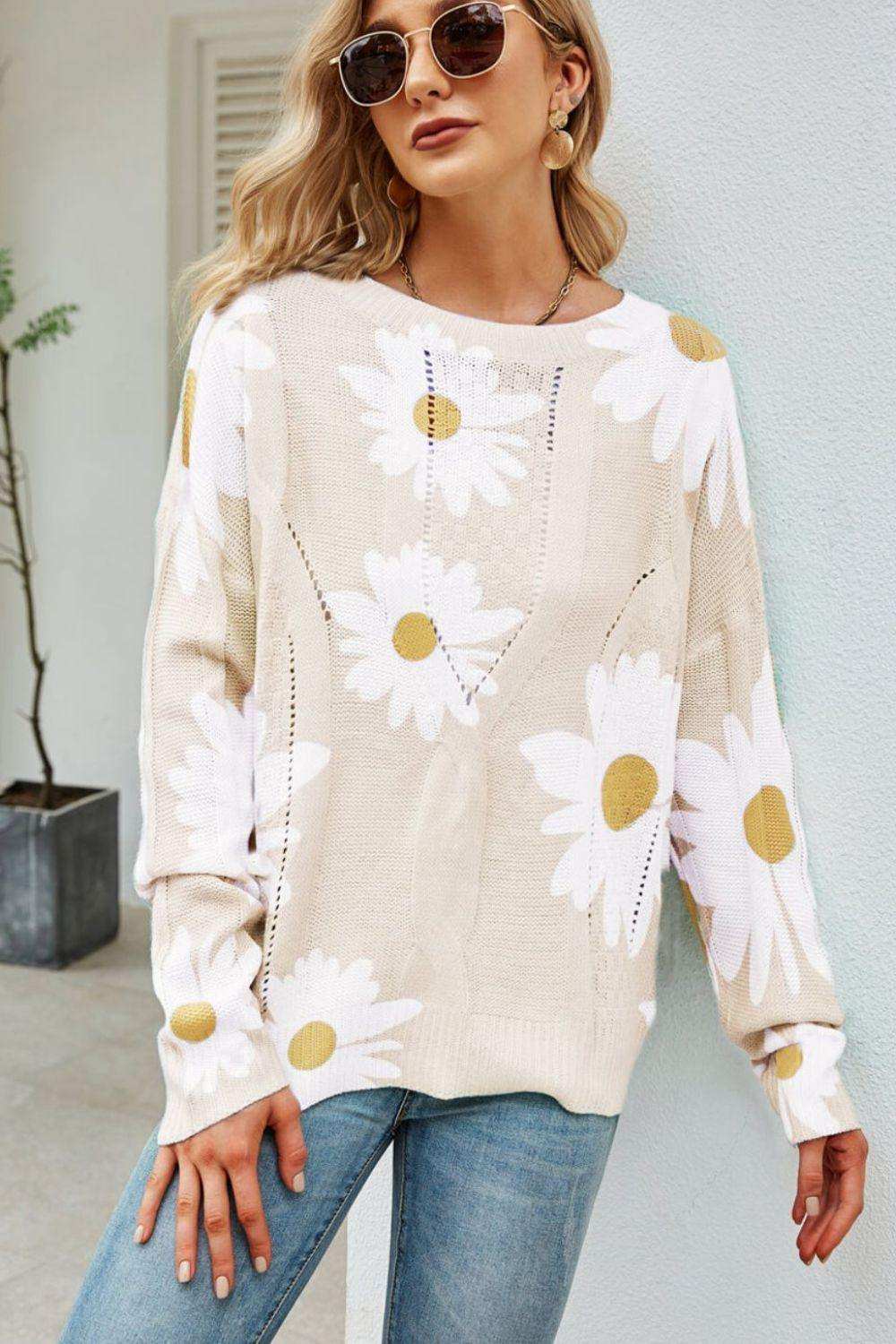 Daisy Print Openwork Round Neck Sweater - Trendsi - Flyclothing LLC