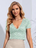 Floral Surplice Neck Short Sleeve Top - Trendsi - Flyclothing LLC