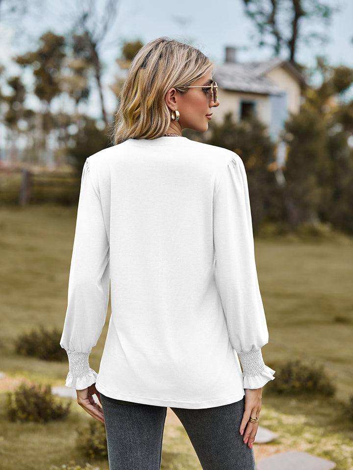 Notched Neck Flounce Sleeve Blouse - Trendsi - Flyclothing LLC
