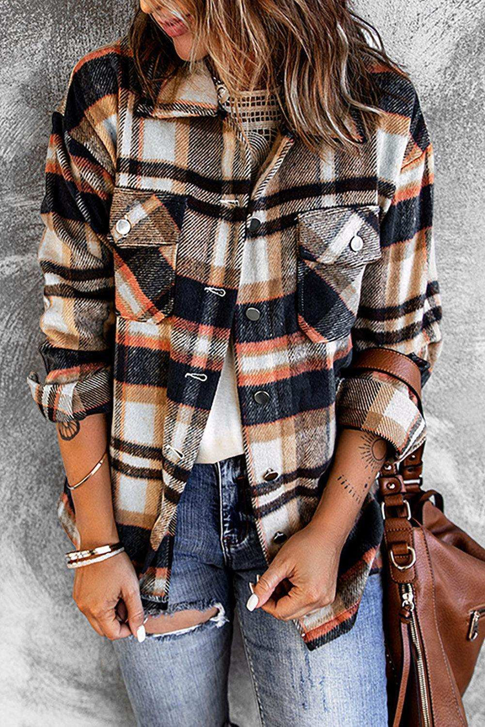 Plaid Button Front Shirt Jacket with Breast Pockets - Trendsi - Flyclothing LLC