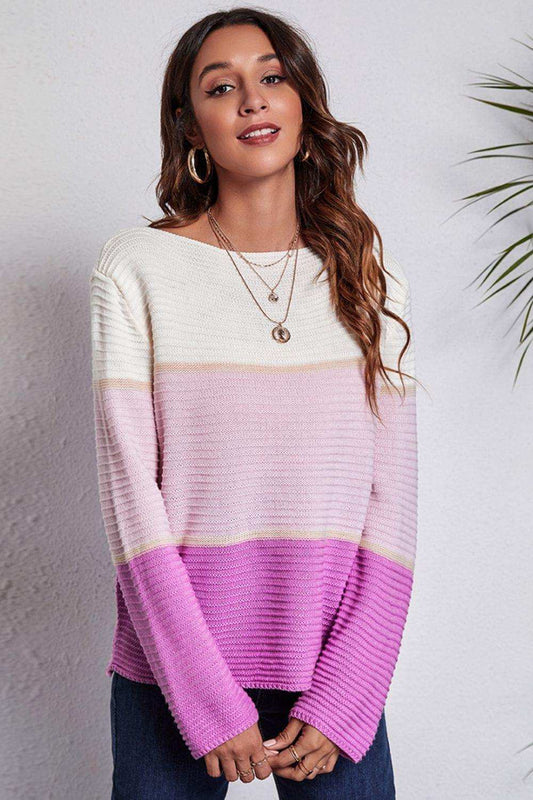 Color Block Horizontal Ribbing Sweater - Trendsi - Flyclothing LLC