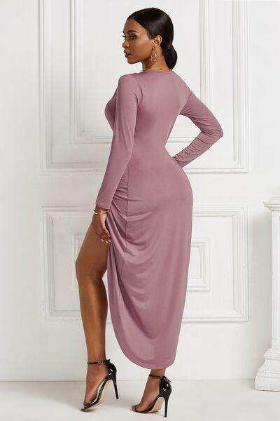 High-low Ruched Surplice Long Sleeve Dress - Trendsi - Flyclothing LLC