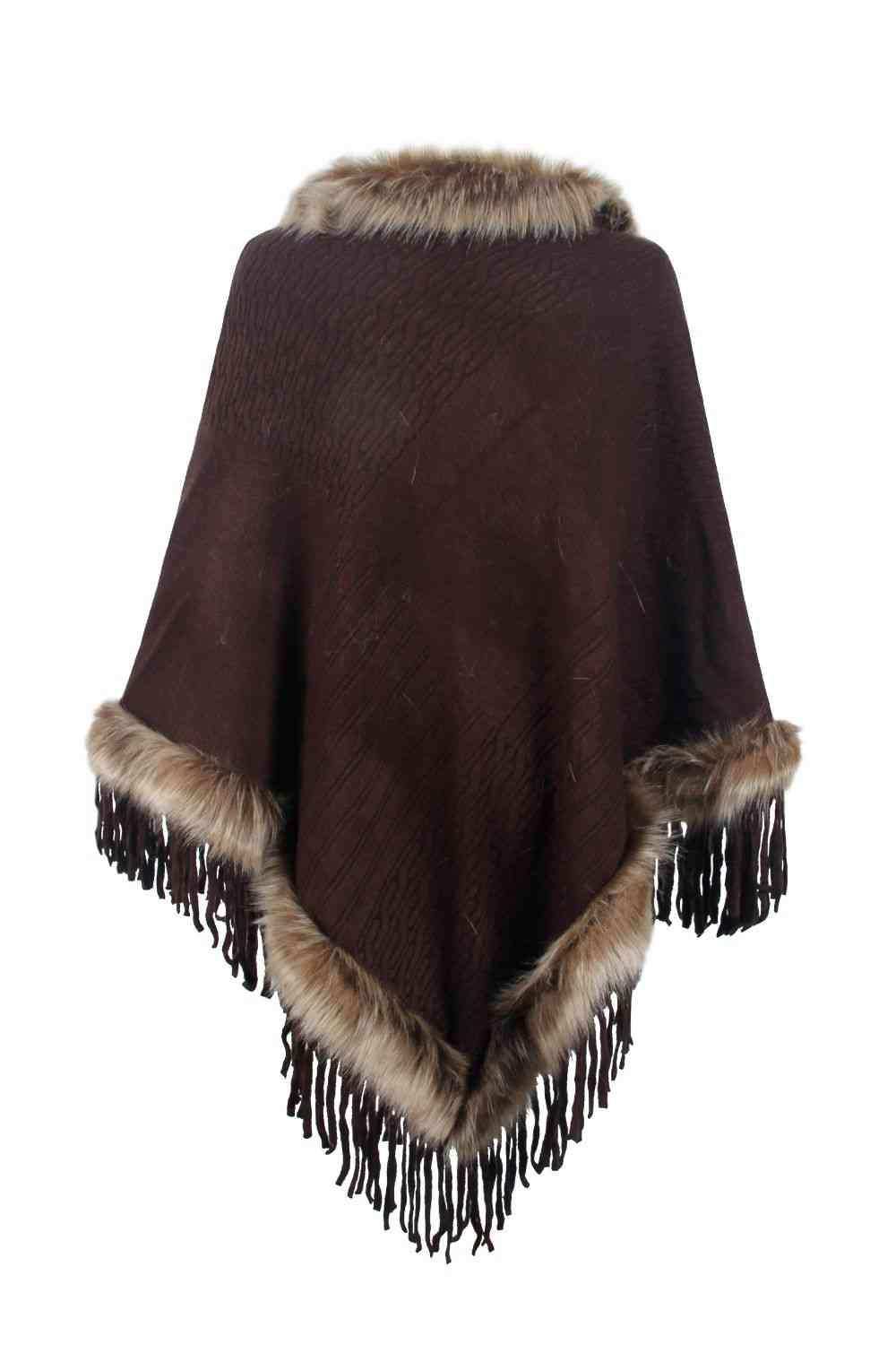 Faux Fur Trim Fringed Poncho - Trendsi - Flyclothing LLC