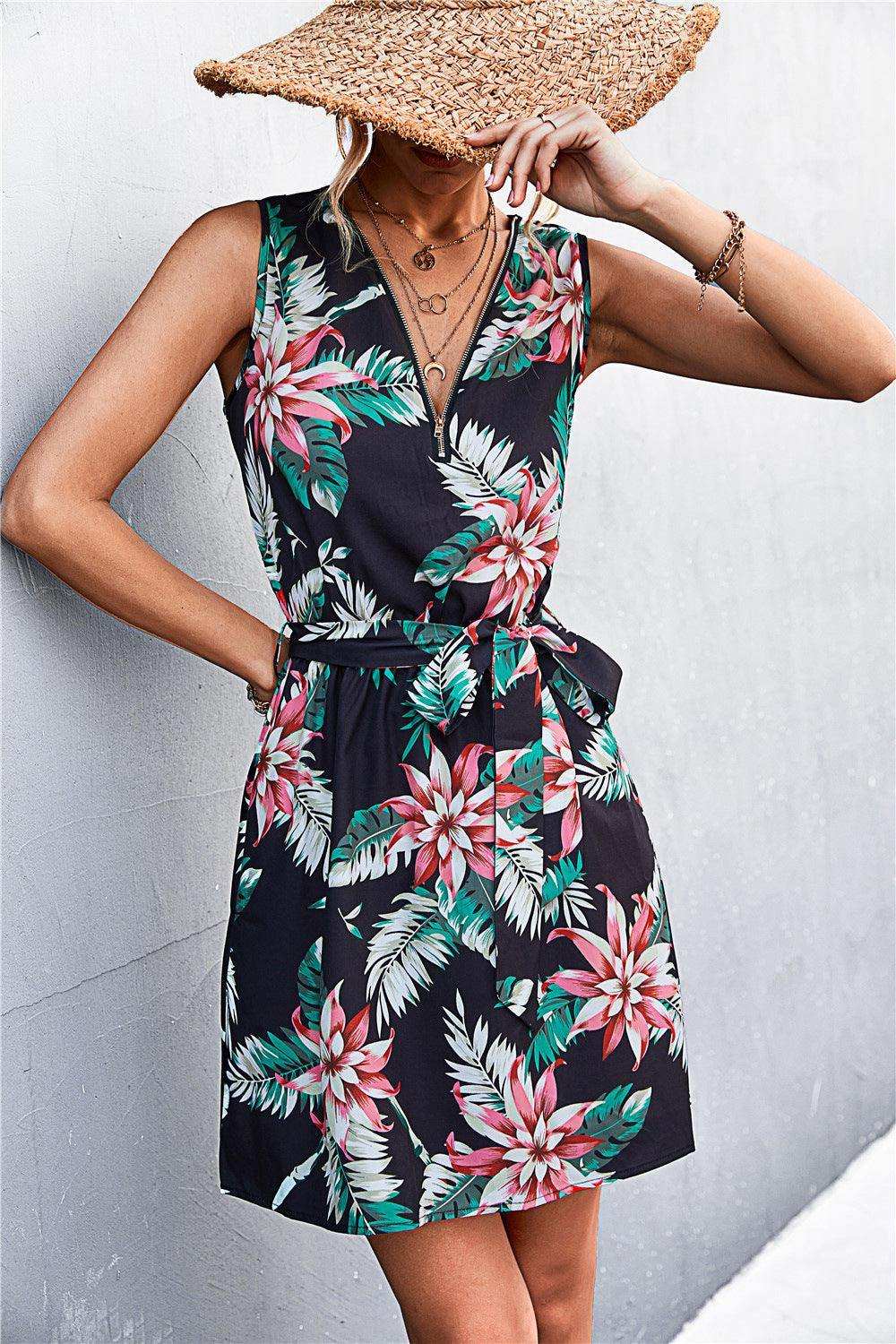 Printed Zip Detail Belted Sleeveless Dress - Trendsi - Flyclothing LLC
