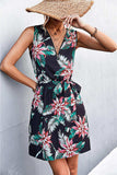 Printed Zip Detail Belted Sleeveless Dress - Trendsi - Flyclothing LLC