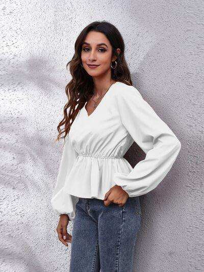V-Neck Balloon Sleeve Peplum Blouse - Trendsi - Flyclothing LLC