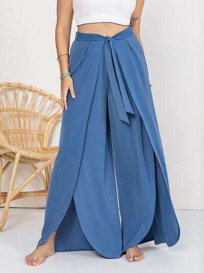 Plus Size Tied Slit Wide Leg Pants - Trendsi - Flyclothing LLC