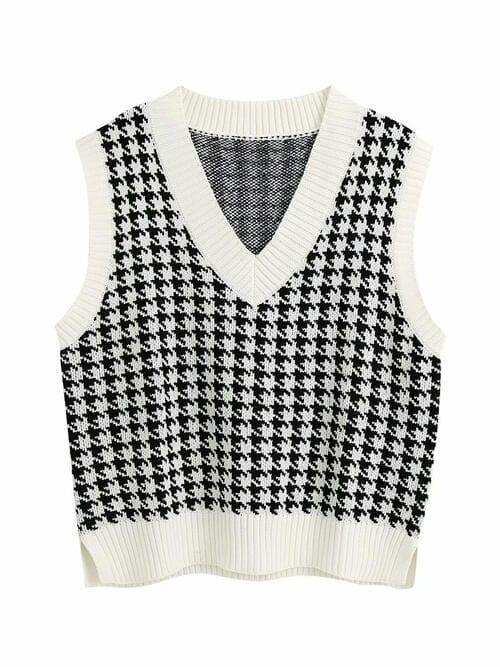 Houndstooth V-Neck Sweater Vet - Trendsi - Flyclothing LLC