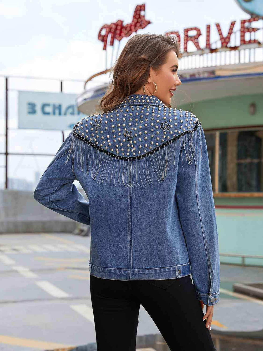 Studded Fringe Button Down Denim Jacket - Trendsi - Flyclothing LLC