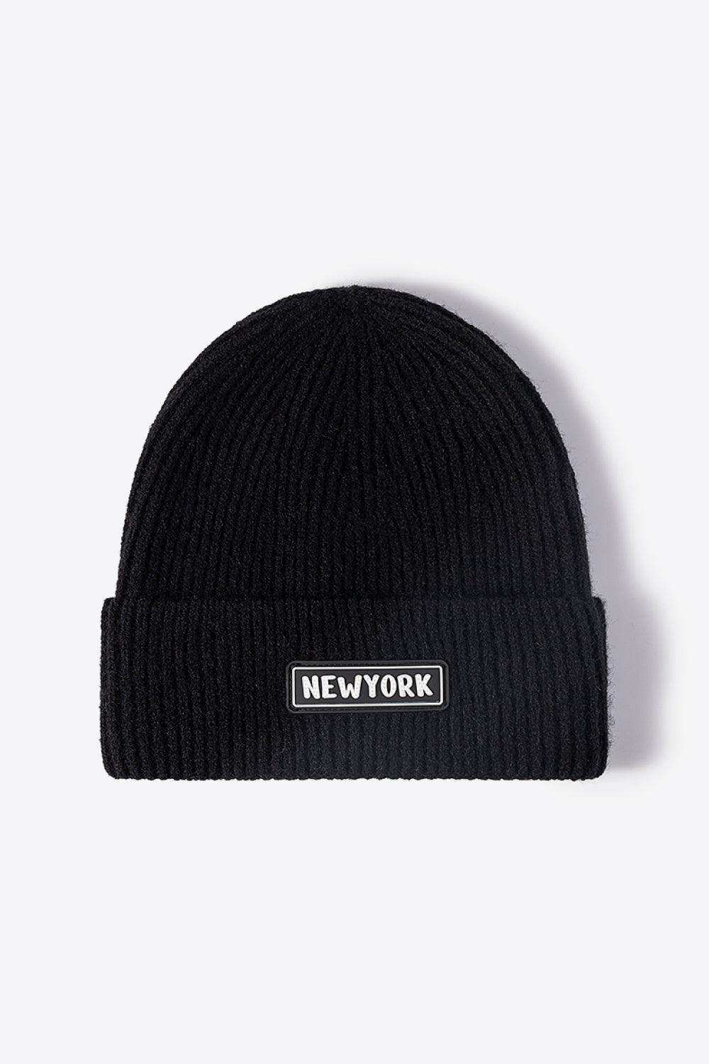 NEWYORK Patch Rib-Knit Cuffed Beanie - Trendsi - Flyclothing LLC