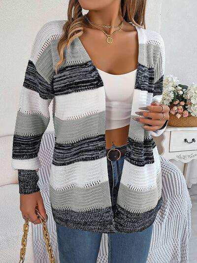 Openwork Striped Open Front Cardigan - Trendsi - Flyclothing LLC