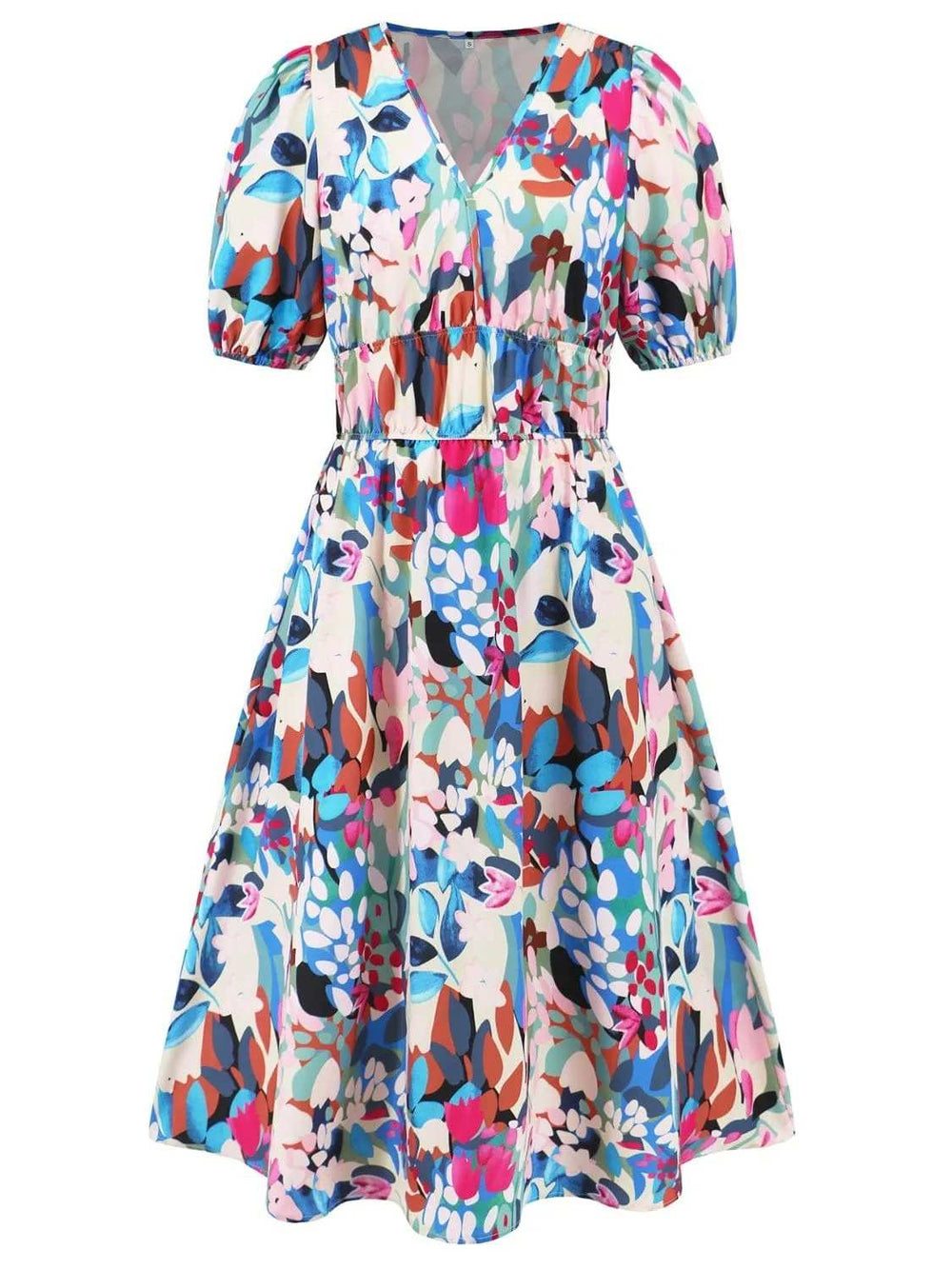 Ruched Printed Surplice Short Sleeve Dress - Trendsi - Flyclothing LLC
