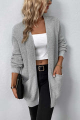 Rib-Knit Open Front Pocketed Cardigan - Flyclothing LLC