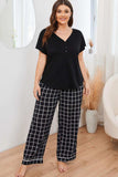 Plus Size V-Neck Top and Plaid Pants Lounge Set - Trendsi - Flyclothing LLC