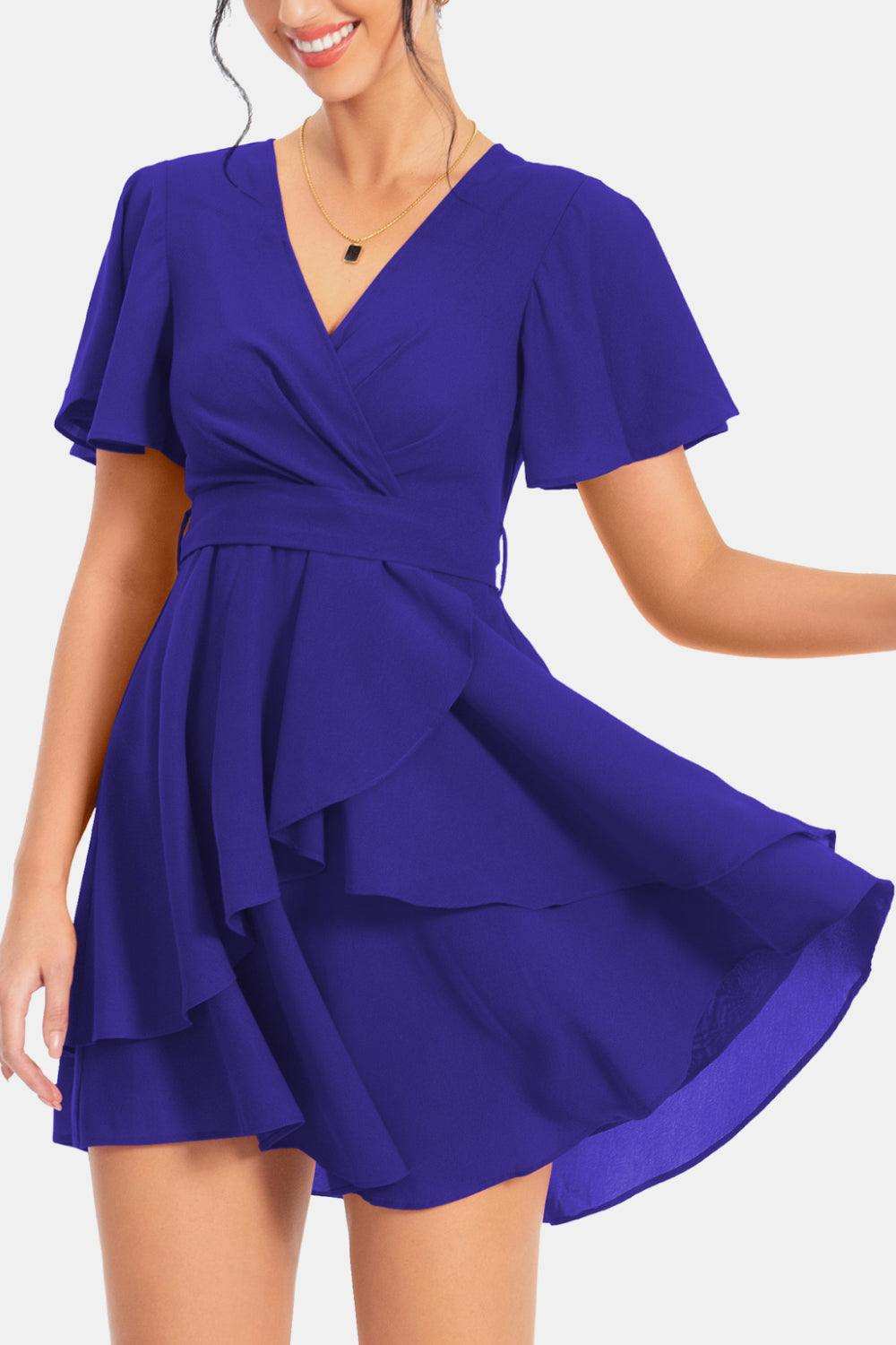 Surplice Neck Flutter Sleeve Dress - Trendsi - Flyclothing LLC