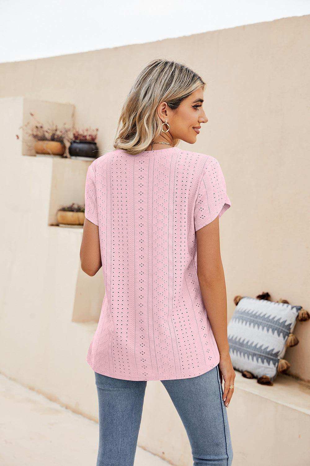 Eyelet Petal Sleeve V-Neck Knit Top - Trendsi - Flyclothing LLC