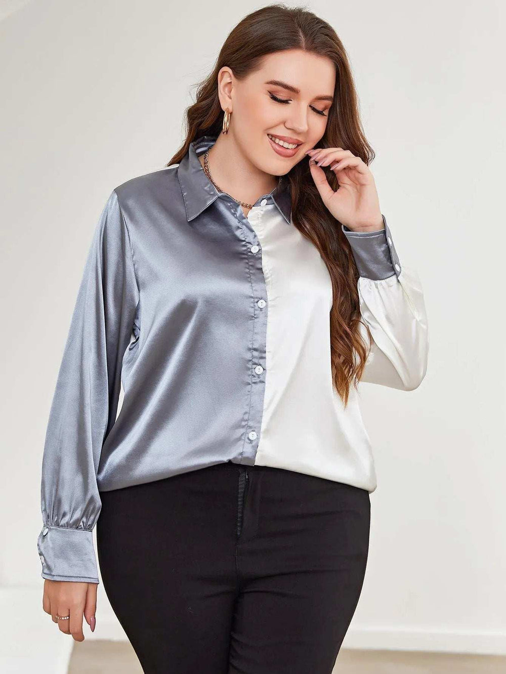 Plus Size Two-Tone Long Sleeve Shirt - Trendsi - Flyclothing LLC