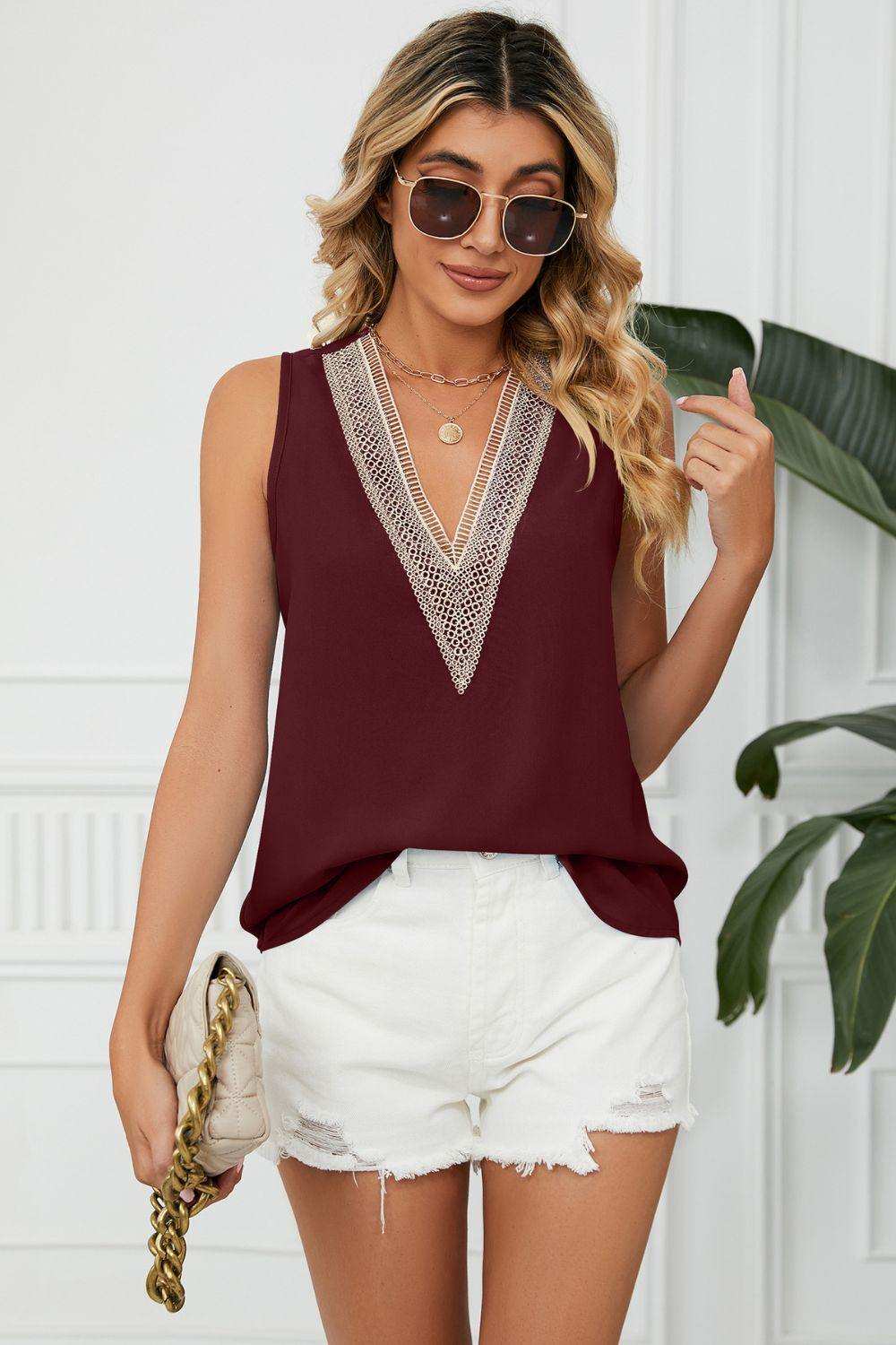 Contrast Trim Plunge Sleeveless Blouse - Trendsi - Flyclothing LLC