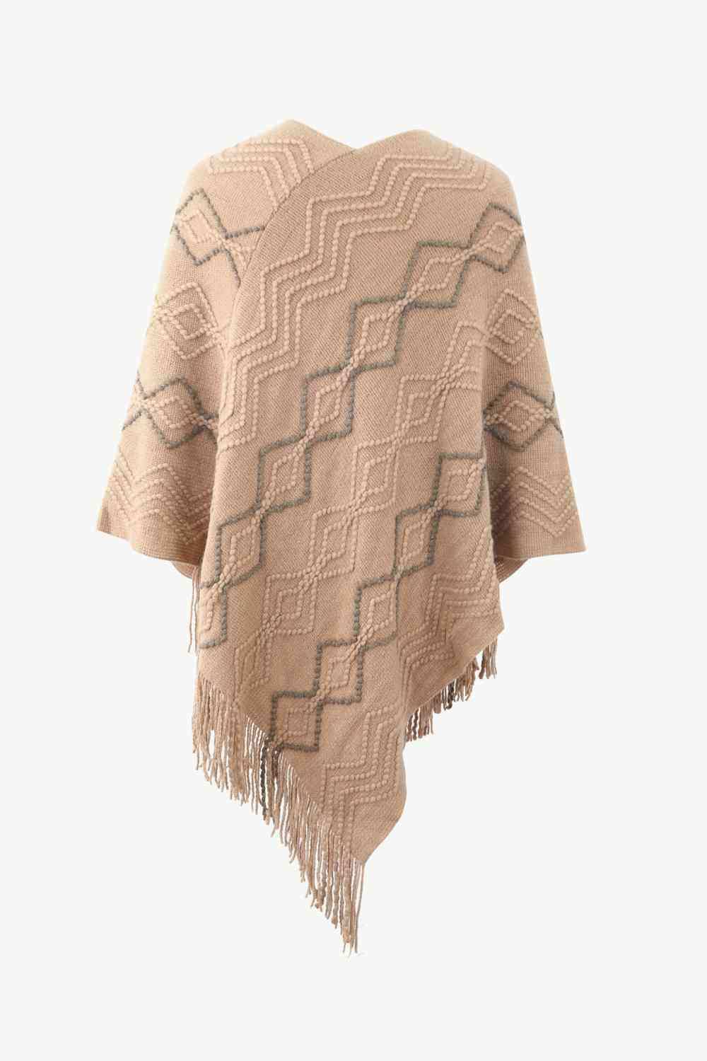 Pearl Trim V-Neck Fringe Hem Poncho - Trendsi - Flyclothing LLC