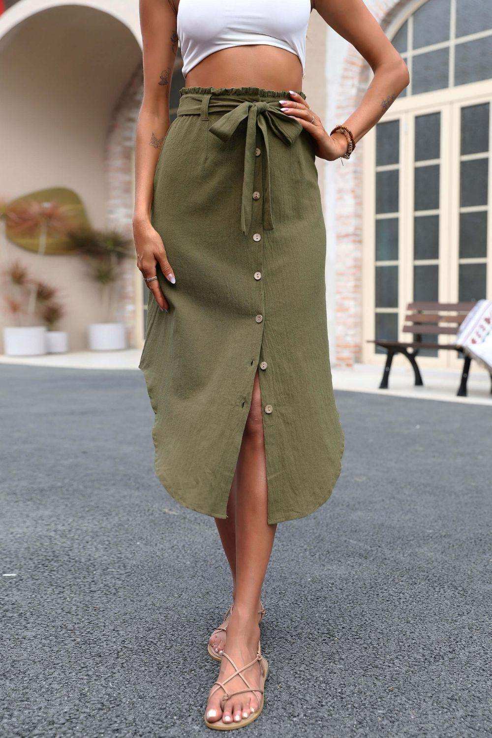 Tie Belt Frill Trim Buttoned Skirt - Trendsi - Flyclothing LLC