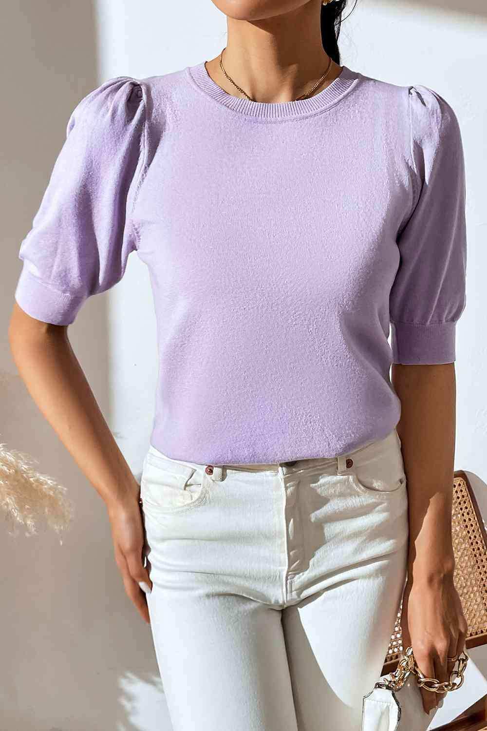 Round Neck Puff Sleeve Knit Top - Trendsi - Flyclothing LLC