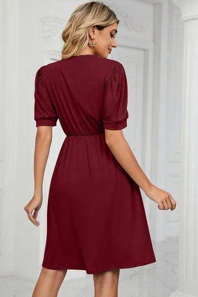 V-Neck Puff Sleeve Dress - Trendsi - Flyclothing LLC