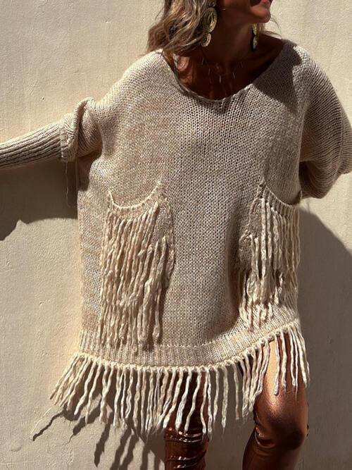 Fringe Detail Long Sleeve Sweater with Pockets - Trendsi - Flyclothing LLC