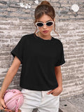 Round Neck Cuffed Sleeve T-Shirt - Trendsi - Flyclothing LLC