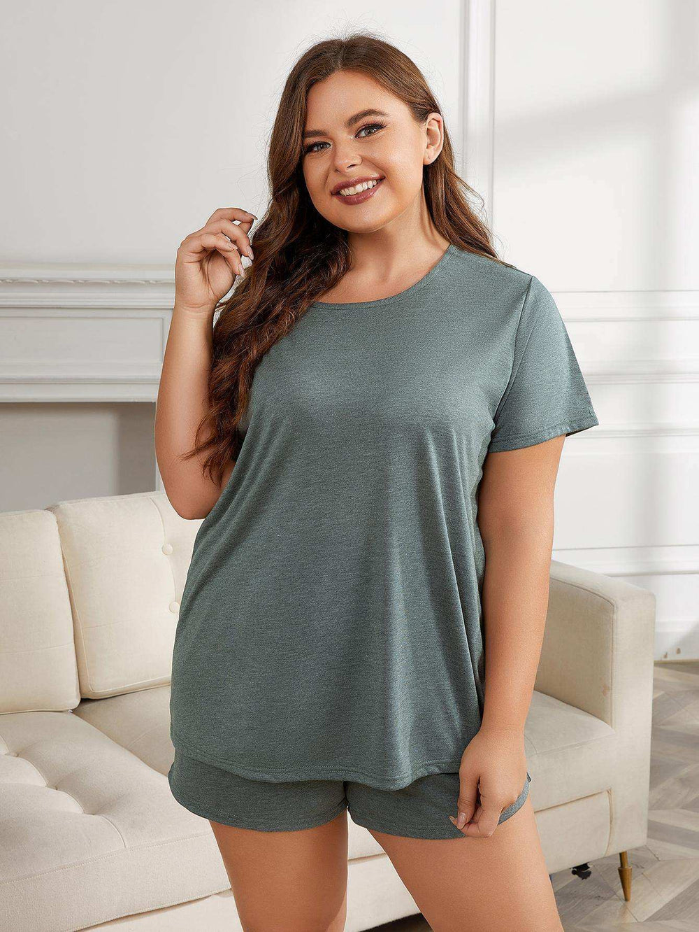Plus Size Round Neck Short Sleeve Two-Piece Loungewear Set - Trendsi - Flyclothing LLC