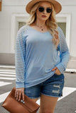 Plus Size Sheer Striped Sleeve V-Neck Top - Trendsi - Flyclothing LLC