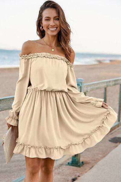 Frill Off-Shoulder Flounce Sleeve Dress - Trendsi - Flyclothing LLC