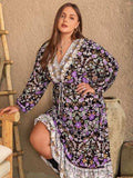 Plus Size V-Neck Balloon Sleeve Printed Midi Dress - Trendsi - Flyclothing LLC