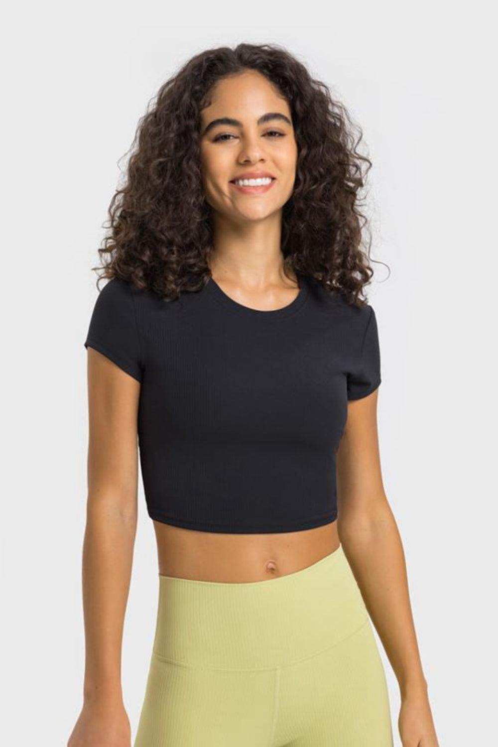 Round Neck Short Sleeve Cropped Sports T-Shirt - Trendsi - Flyclothing LLC