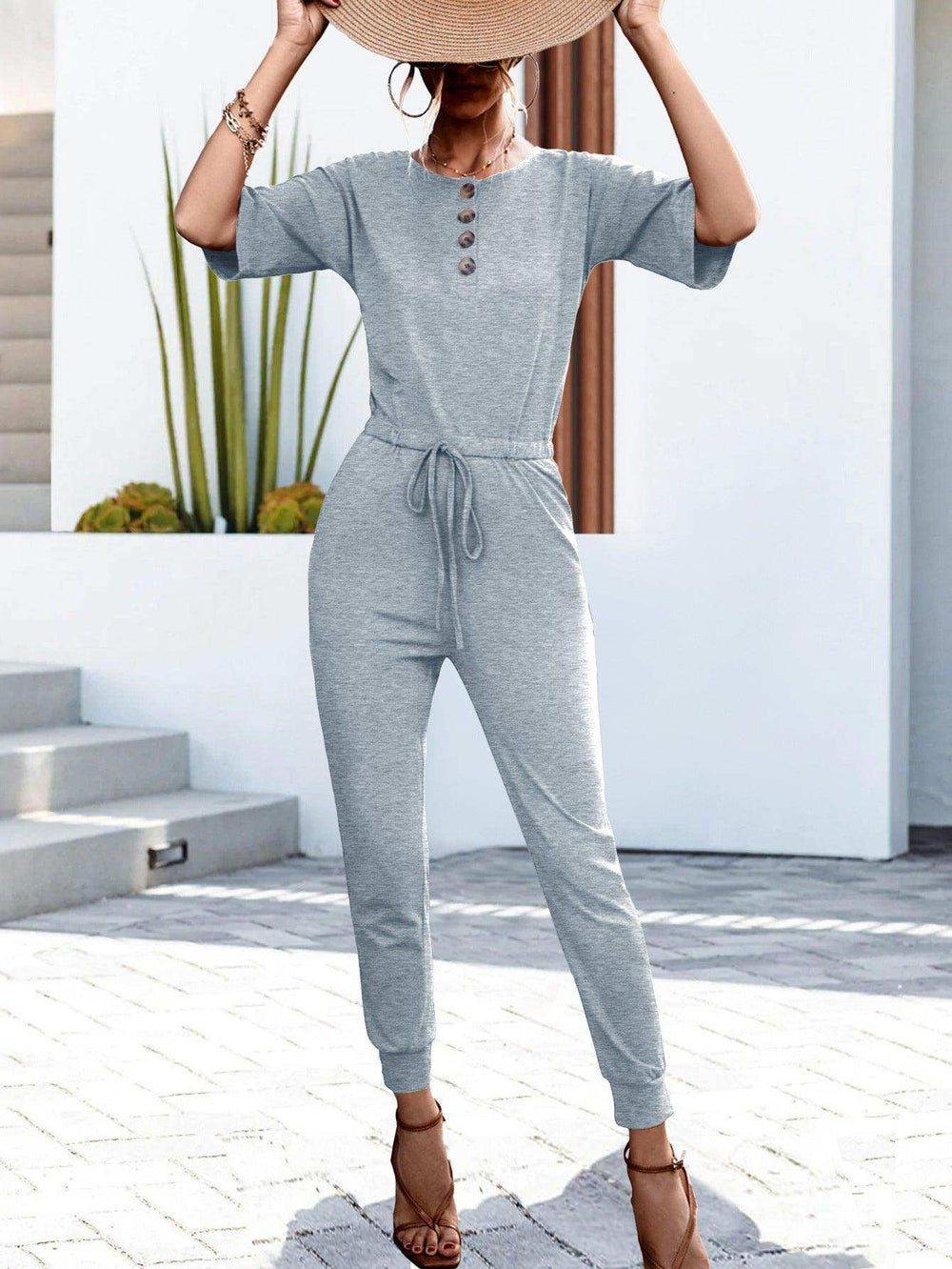 Buttoned Half Sleeve Round Neck Jumpsuit - Trendsi - Flyclothing LLC