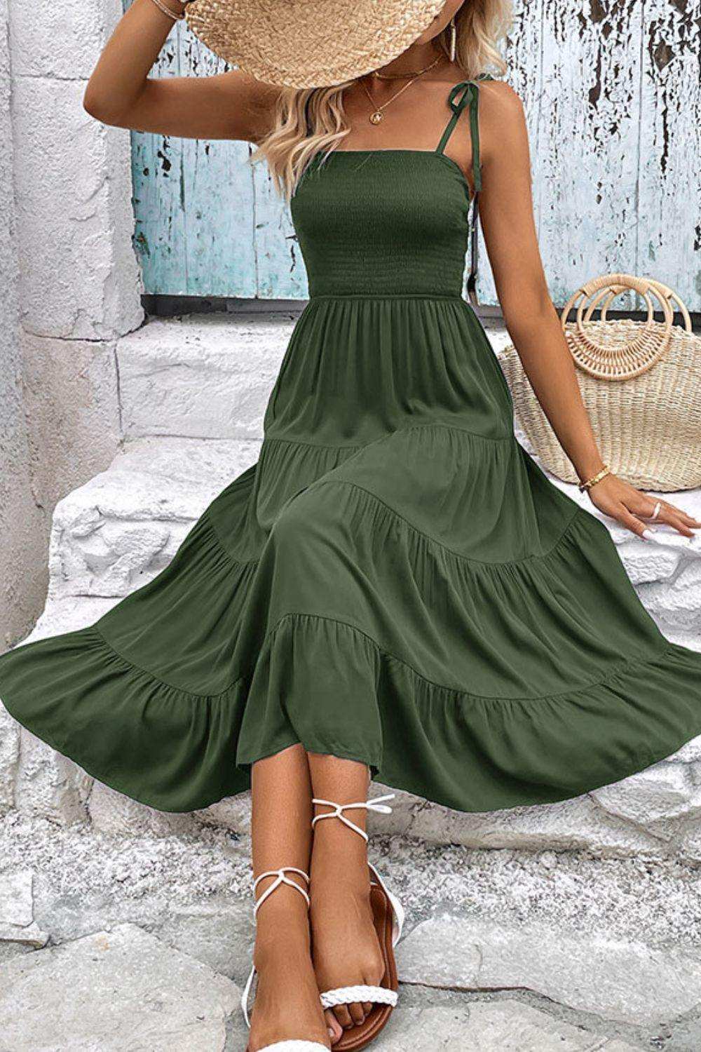 Tie-Shoulder Tiered Midi Dress - Trendsi - Flyclothing LLC