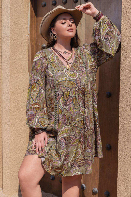 Plus Size Printed V-Neck Long Sleeve Midi Dress - Trendsi - Flyclothing LLC