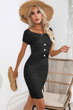 Decorative Button Round Neck Short Sleeve Sweater Dress - Trendsi - Flyclothing LLC