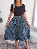 Printed Round Neck Pleated Dress - Trendsi - Flyclothing LLC