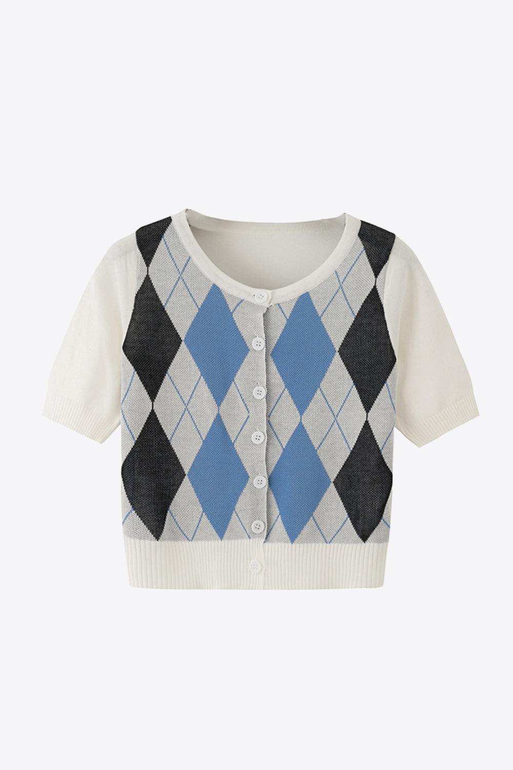Argyle Round Neck Ribbed Trim Cardigan - Trendsi - Flyclothing LLC