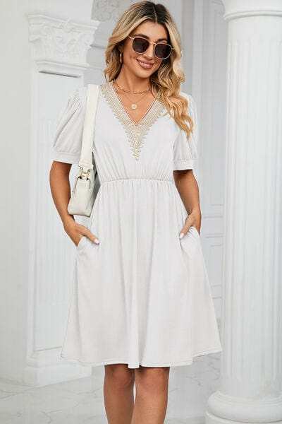 V-Neck Puff Sleeve Dress - Trendsi - Flyclothing LLC
