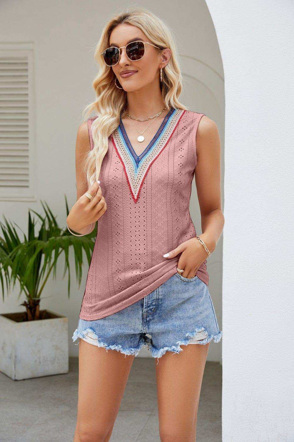 Contrast V-Neck Eyelet Tank - Trendsi - Flyclothing LLC