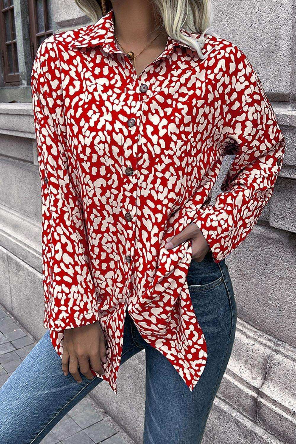 Leopard Roll-Tap Sleeve Shirt - Trendsi - Flyclothing LLC