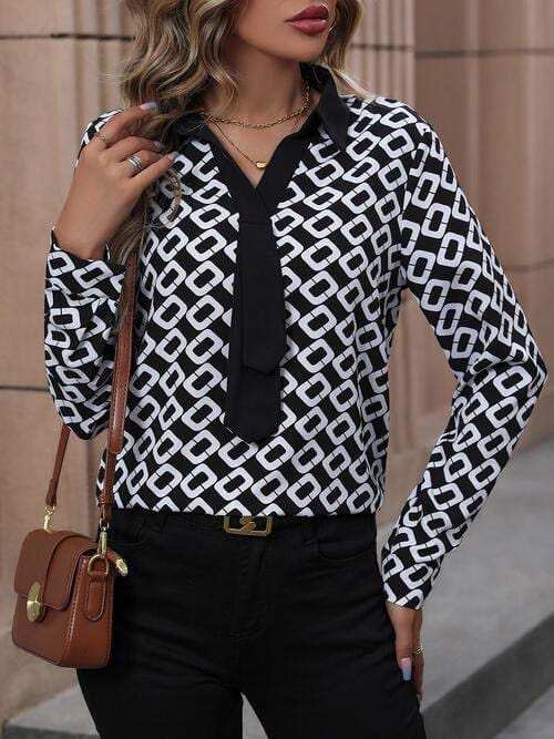 Printed Collared Neck Long Sleeve Shirt - Trendsi - Flyclothing LLC