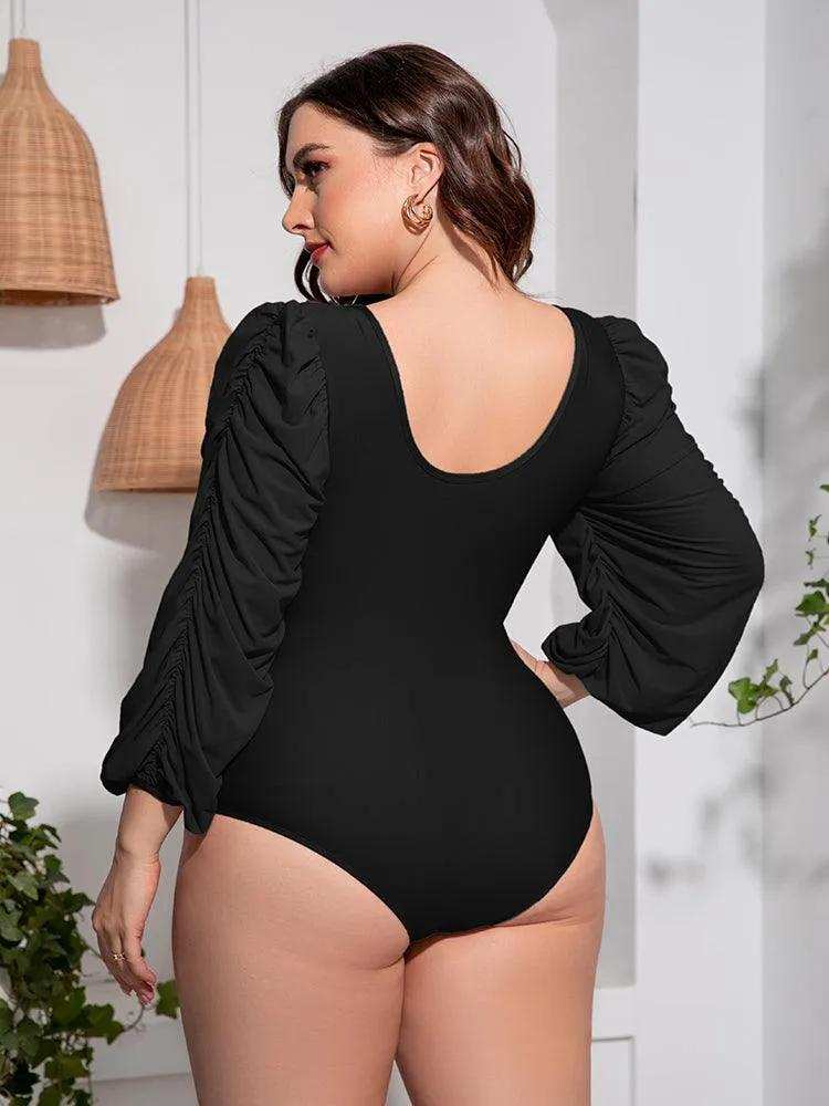 Plus Size Tied Deep V Balloon Sleeve One-Piece Swimsuit - Trendsi - Flyclothing LLC