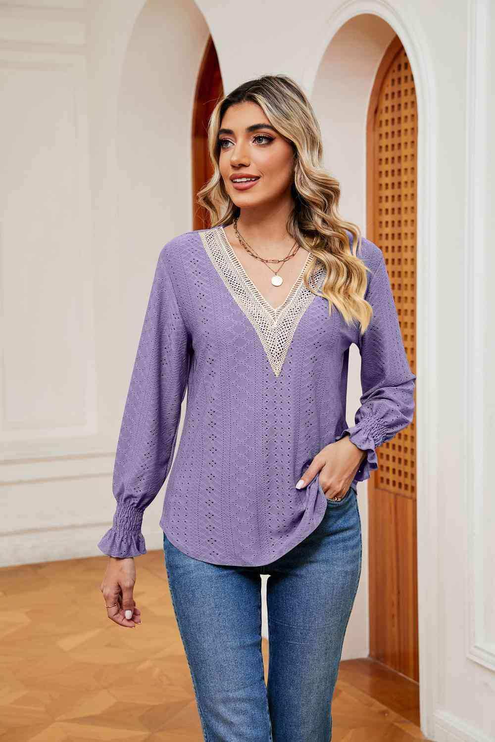 Contrast Flounce Sleeve Blouse - Trendsi - Flyclothing LLC