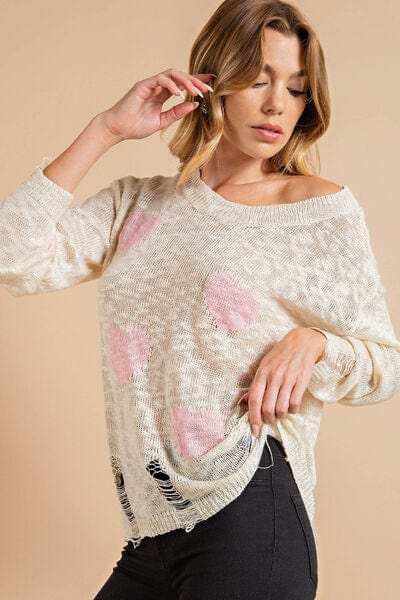 Kori America Heart Pattern Distressed Sweater - Trendsi - Flyclothing LLC
